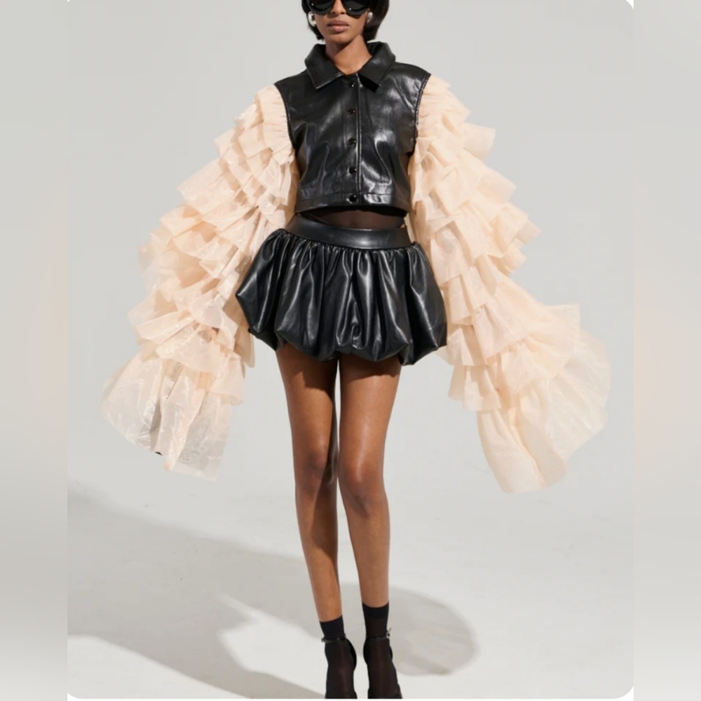 Black Leather Jacket with Cream Ruffle Sleeves